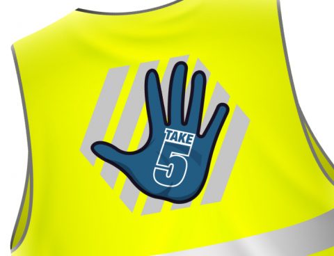 High visibility vest with Veitchi 'Take 5' logo on reverse