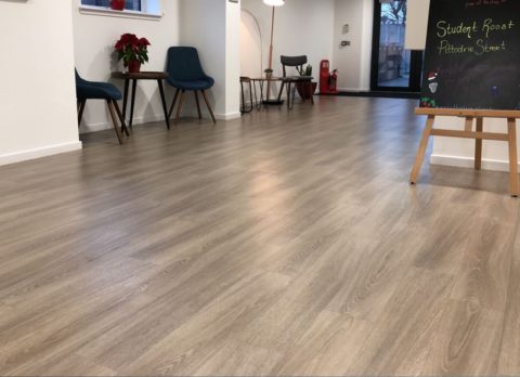 Photo of the flooring inside the entrance of a building. The flooring looks like light wood, but is glossy like laminate